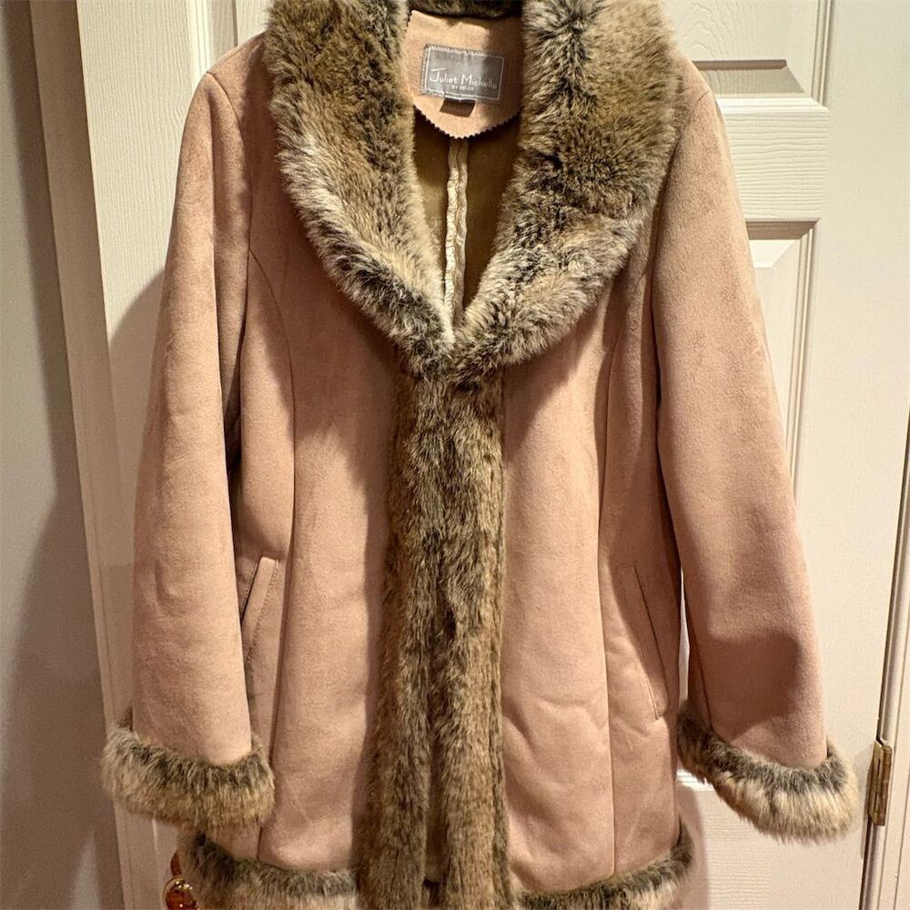 Beige Faux Suede Overcoat Fur Trim‎ Juliet Michelle By Adler Women's Winter